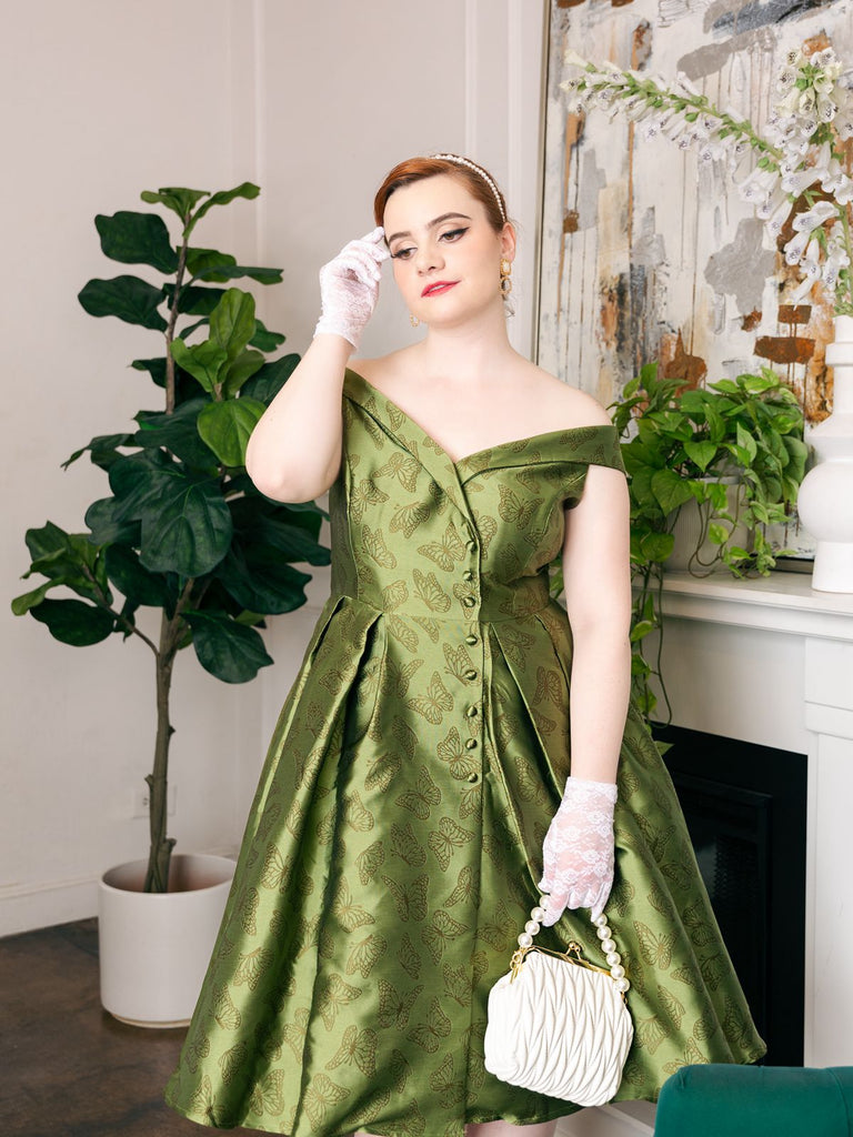 1950ER GRÜNES SCHULTERFREIES VINTAGE KLEID
