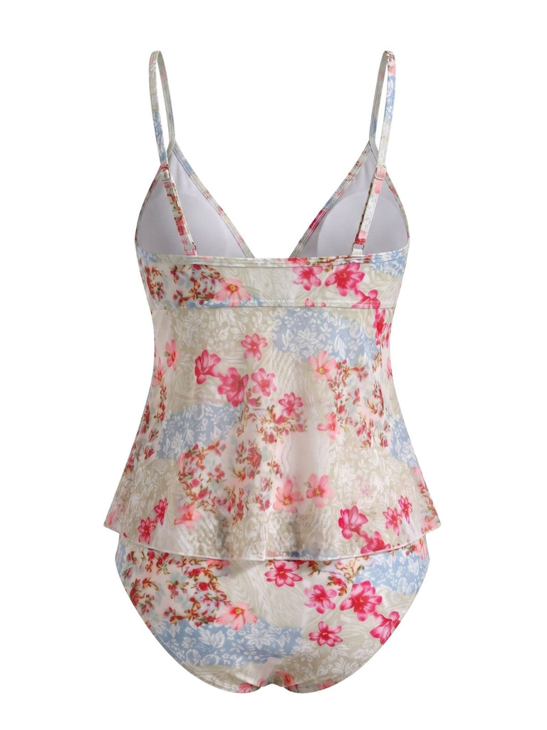 Rosa 30er Tankini-Set mit Spaghettiträger und Blumen