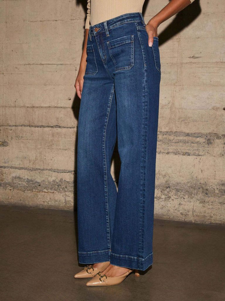 1960er Hohe Taille Weites Bein Patch Tasche Jeans