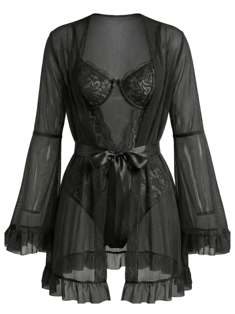 [Vorverkauf] 1960er Solide Transparent Spitze Patchwork Nachtwäsche Set