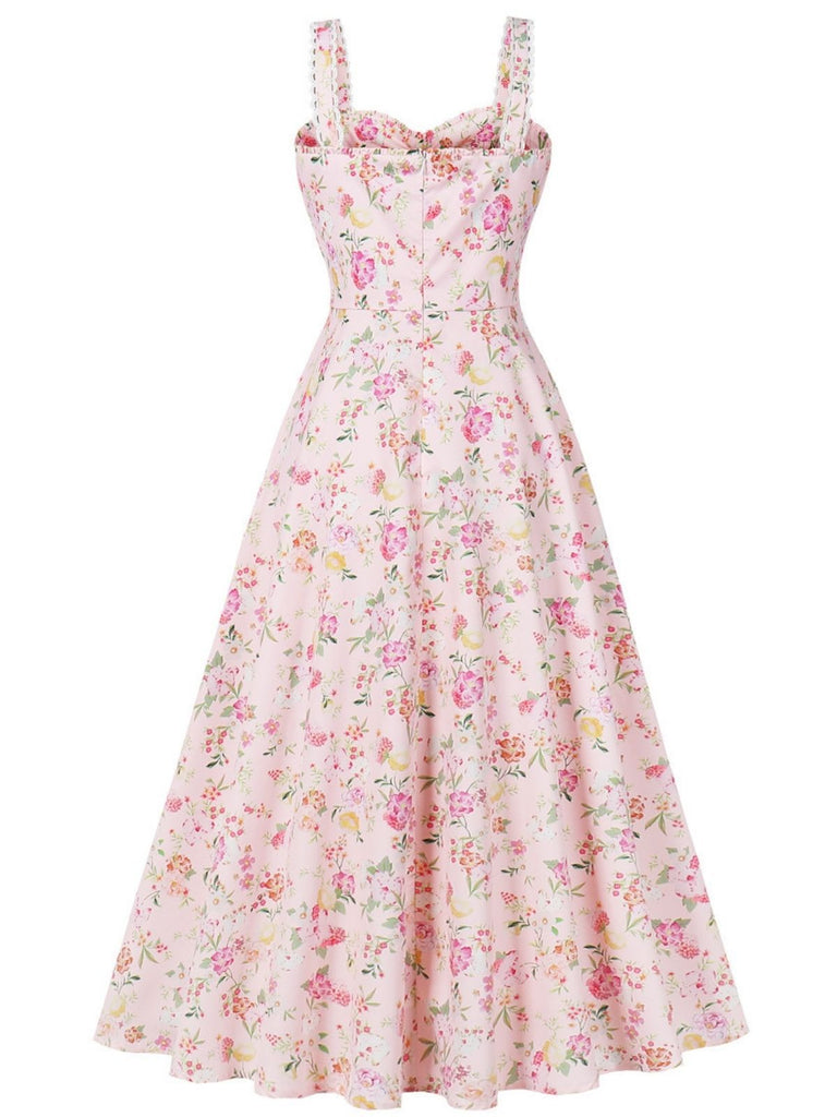 1940er Blumen Schnürung Breit-Träger Kleid