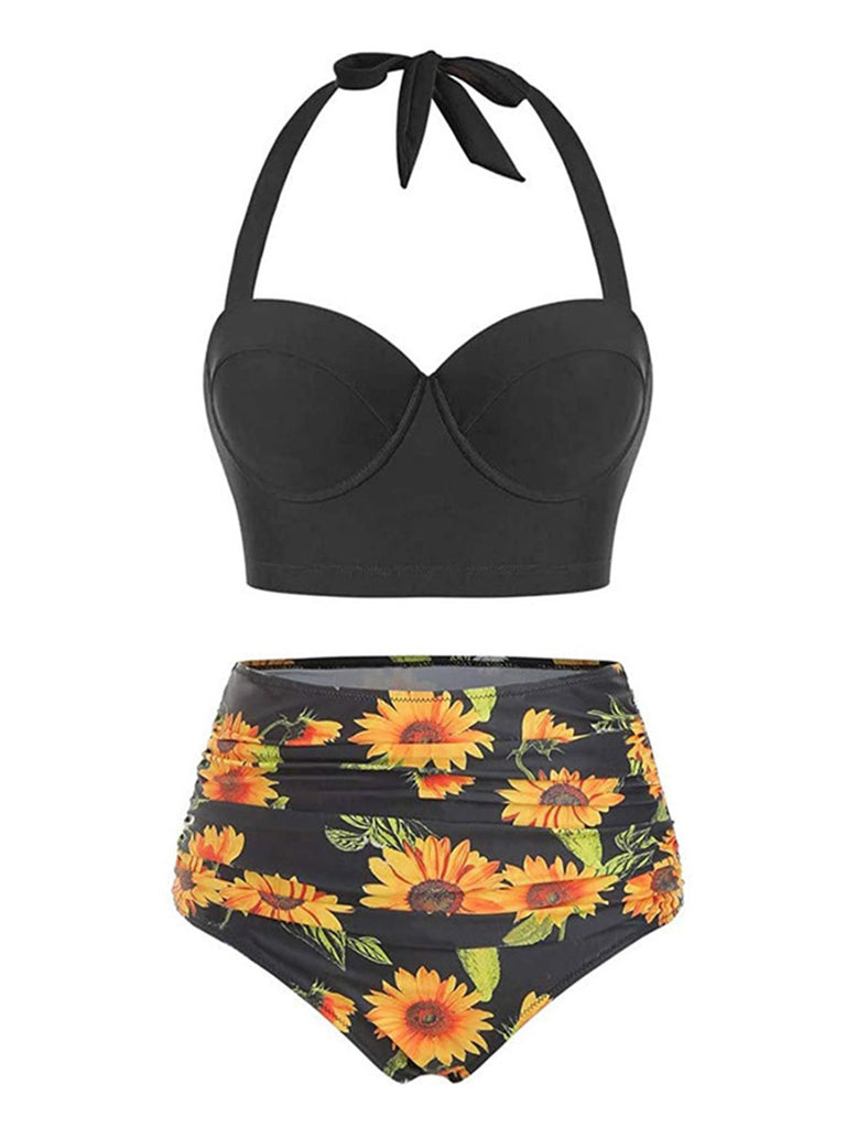 Schwarz 1950er Halter Sonnenblumen Gerafft Bikini Set