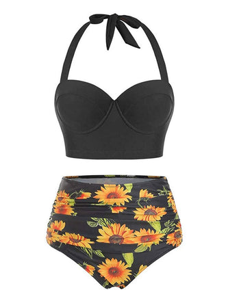 Schwarz 1950er Halter Sonnenblumen Gerafft Bikini Set