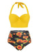 Schwarz 1950er Halter Sonnenblumen Gerafft Bikini Set