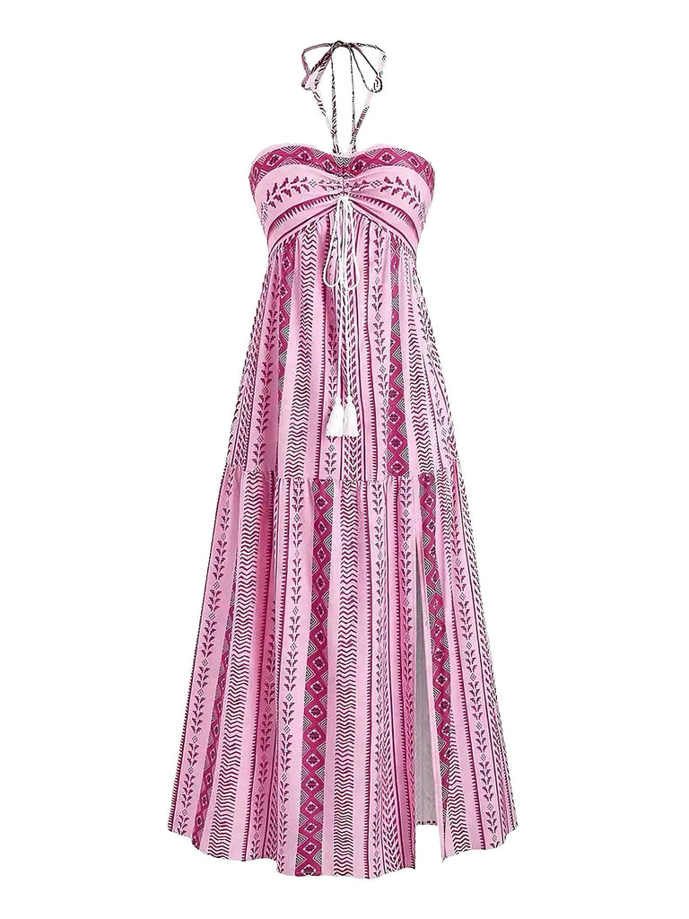 1970er Boho Halter Ethnisch Drucken Kleid