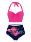 Rosenrot 1950er Halter Blumen Bikini Set