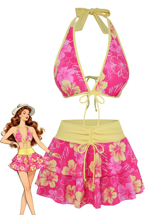 [Vorverkauf] Rosa 1960er Blumen Druck Bindefront Geschichtet Bikini Set