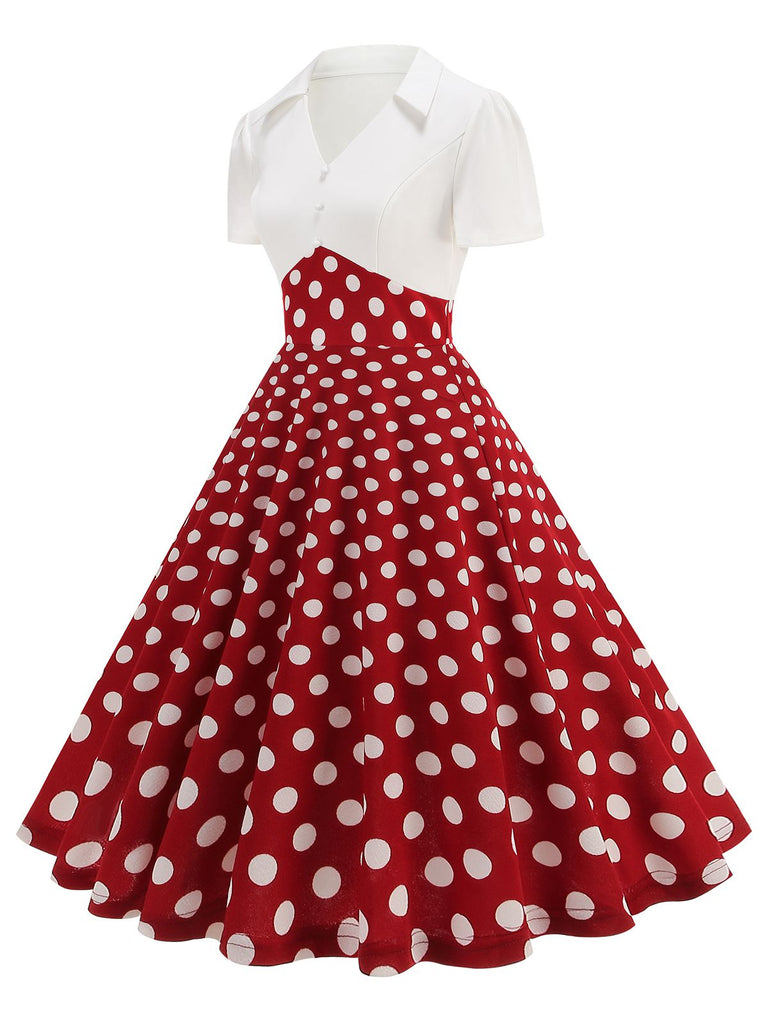 Schwarz 1950er Revers Polka Dots Patchwork Swing Kleid