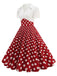 Schwarz 1950er Revers Polka Dots Patchwork Swing Kleid