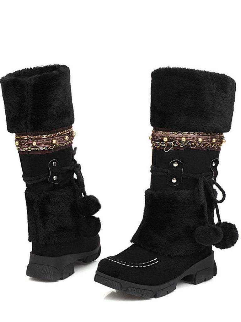 Vintage Kunstpelz Bommel Winter Schnee Stiefel