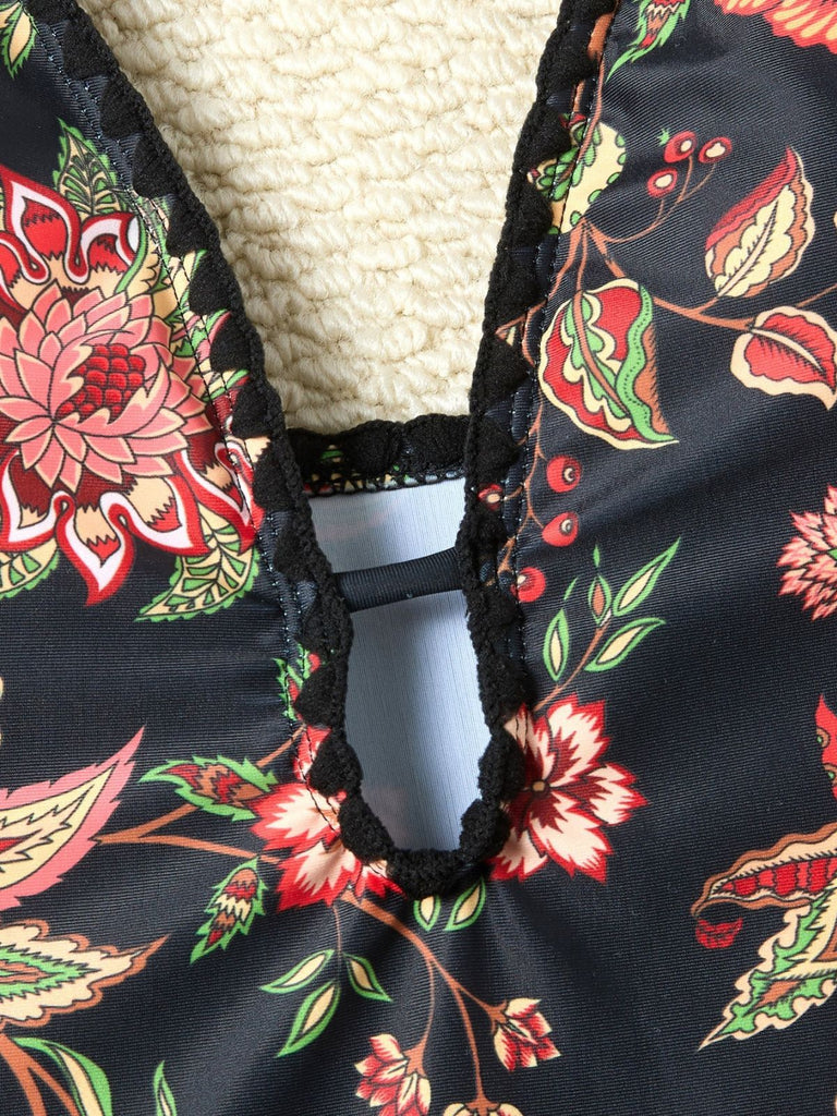 2PCS Beige 1960er Tief V-Ausschnitt Fransen Badeanzug & Cover-Up