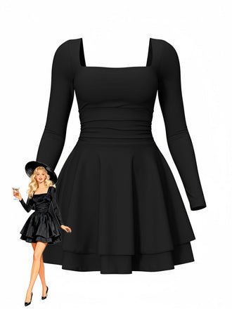 1980er Solide Tailliert Quadratischer Hals Langarm Kleid