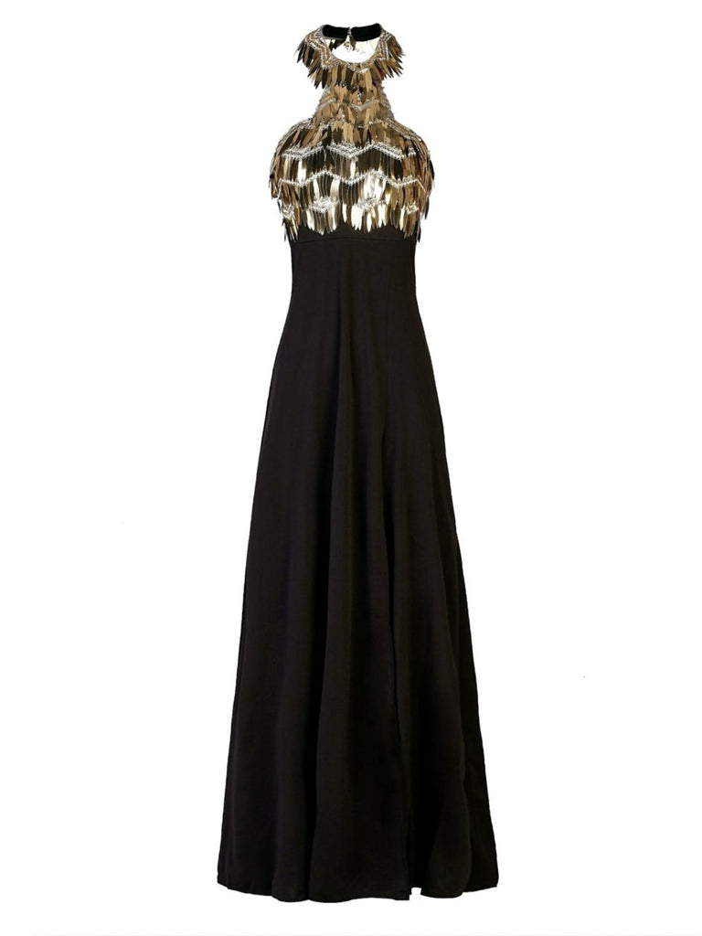 Gold 1930er Pailletten Patchwork Halter Rückenfrei Abend Kleid