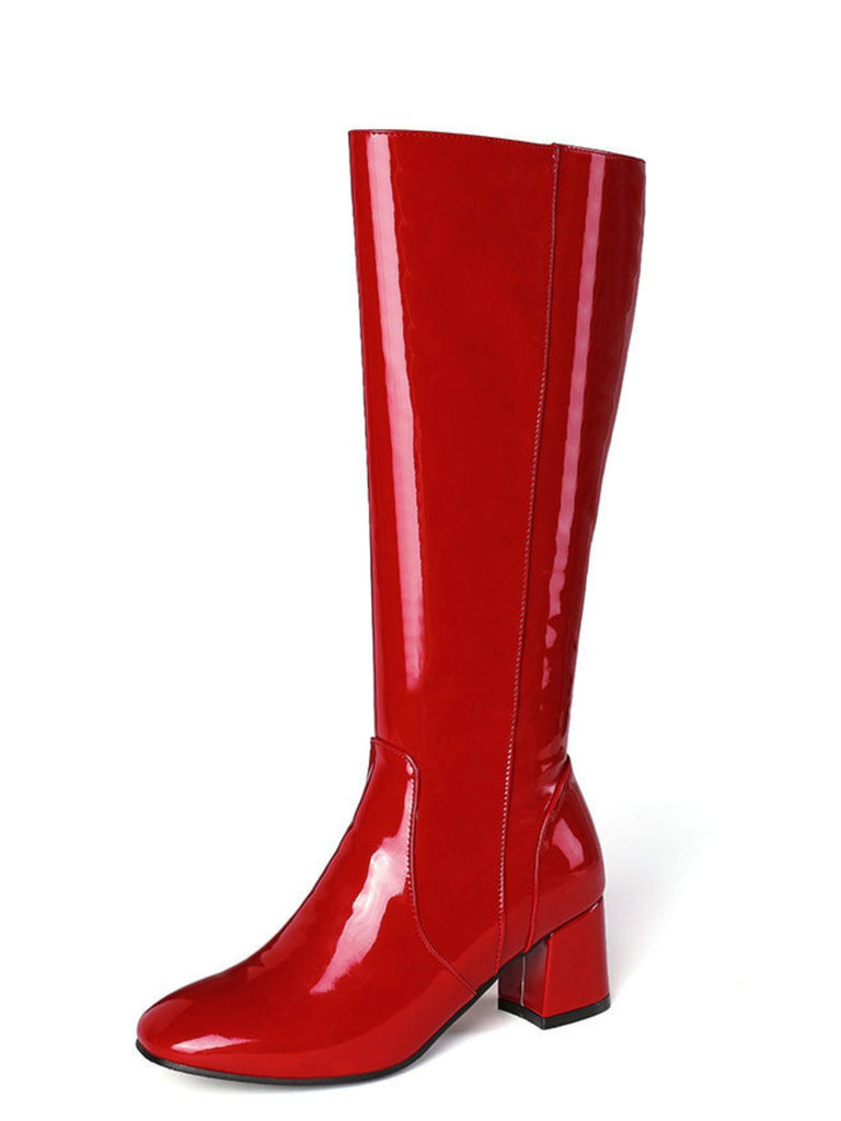Vintage Patent Leder Block Heel Kniehohe Stiefel