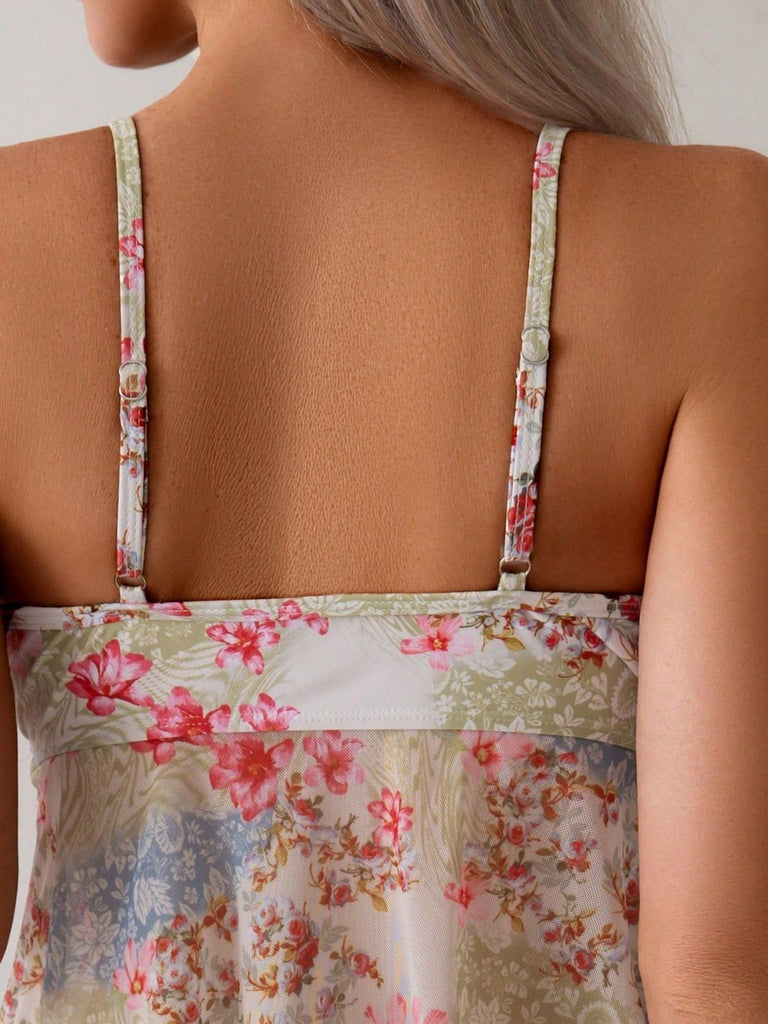 Rosa 30er Tankini-Set mit Spaghettiträger und Blumen
