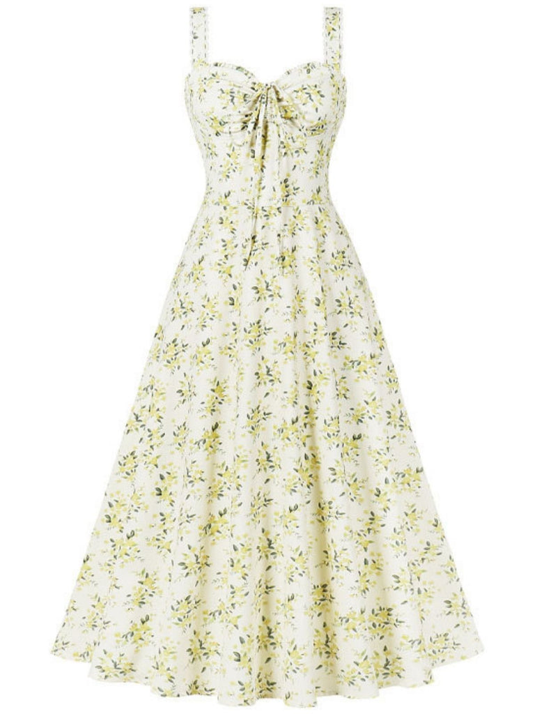 1940er Blumen Schnürung Breit-Träger Kleid