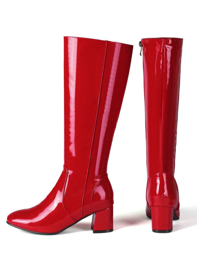 Vintage Patent Leder Block Heel Kniehohe Stiefel