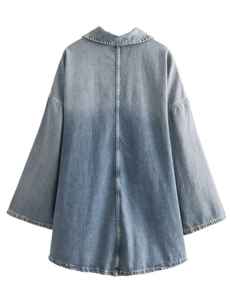 Blau 1970er Loose Revers Denim Kleid