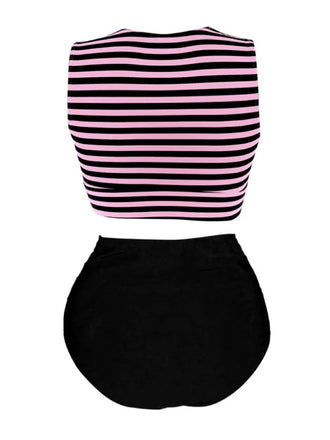[Übergröße] Rosa & Schwarz 1970er Gestreifter Taillengürtel Patchwork Bademode