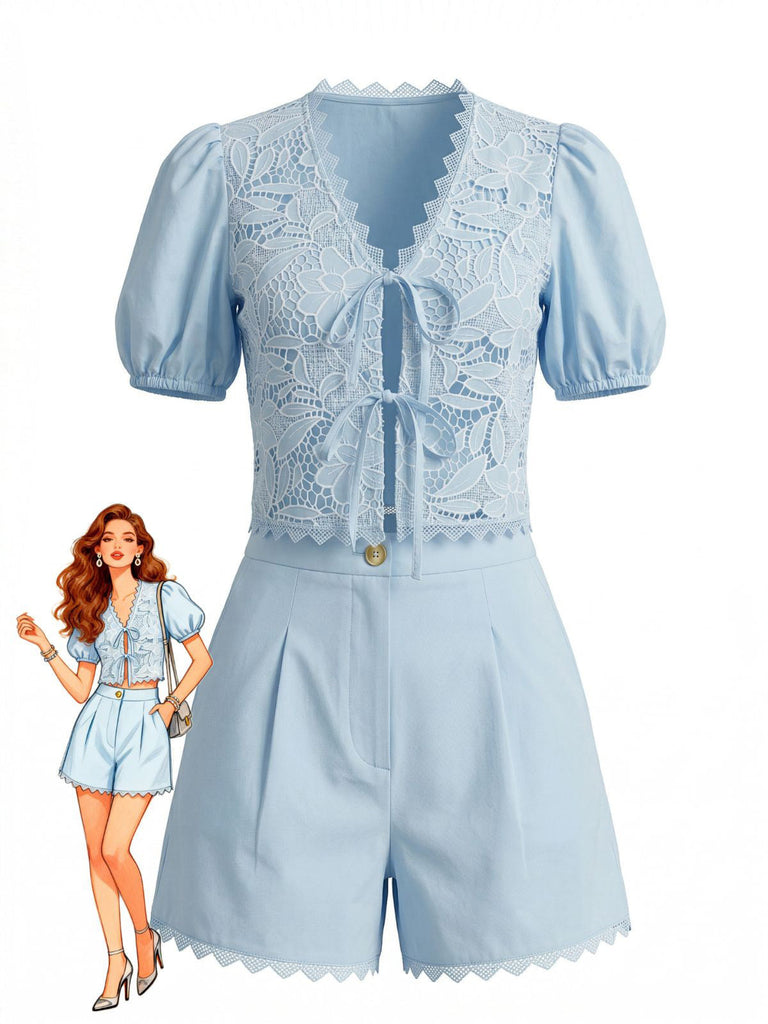 50er Baumwoll-Top & Shorts mit Puffärmel und Vorderbindung
