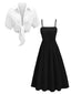 Schwarzes 50er Set aus gesmoktem Midikleid mit Spaghettiträgern und kurzem Shirt