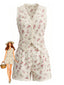 Beiges 40er Top & Shorts Set mit Streublumen und Spitze