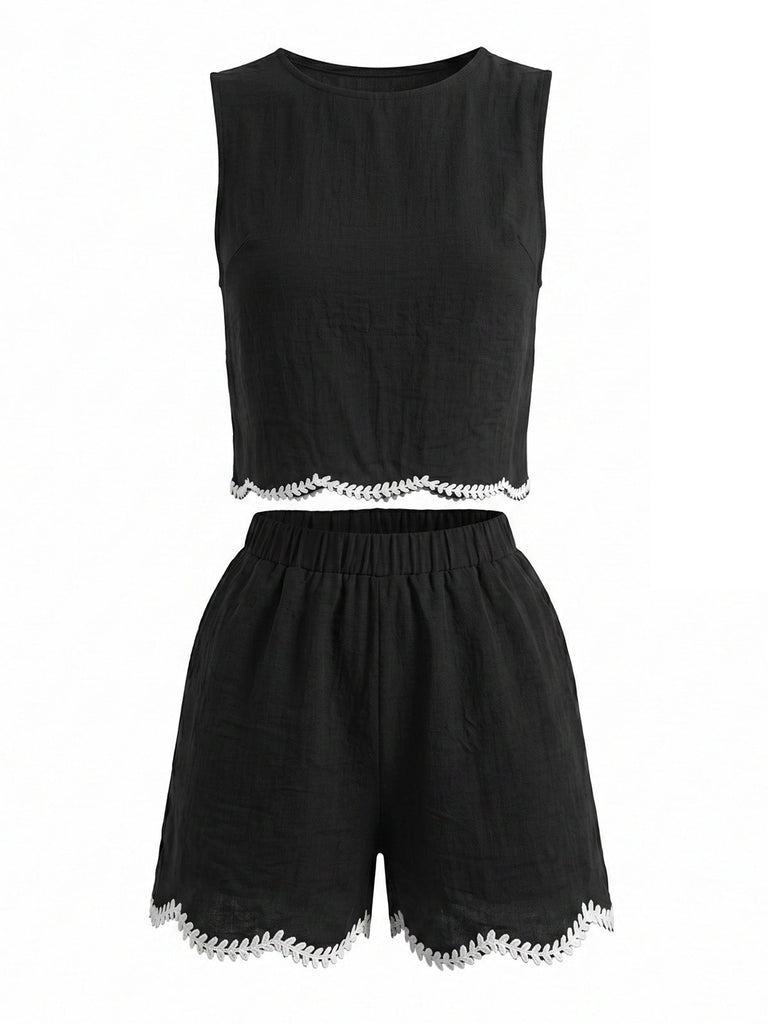 Schwarzes 50er Weste & Shorts Set mit Häkelarbeit und Besatz