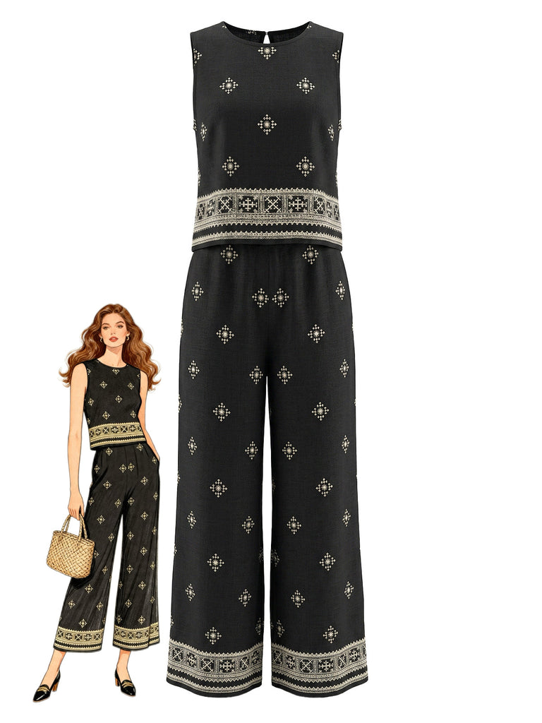 Schwarze 70er Bohemian Hose mit Runden und Nacken