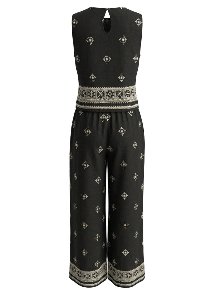 Schwarze 70er Bohemian Hose mit Runden und Nacken