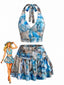Blaues 70er Neckholder-Top & Rock mit Marmor-Print und Raffung