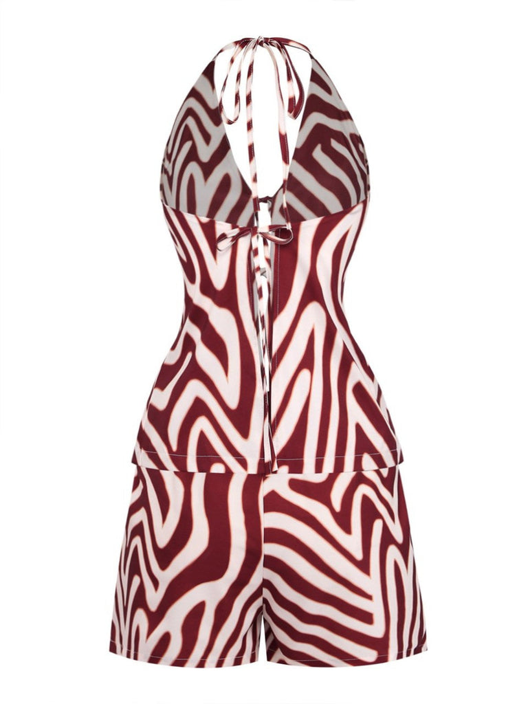 2-teiliges Set: Braunes Neckholder-Top mit tiefem V-Ausschnitt und Streifenmuster im Stil der 1970er Jahre (Rückansicht)