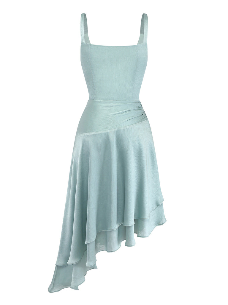 2-teiliges Set – Grün – 1960er-Jahre – Wellenmuster – Fischgrätenmuster – Oberteil – Asymmetrischer Rock – Rückansicht