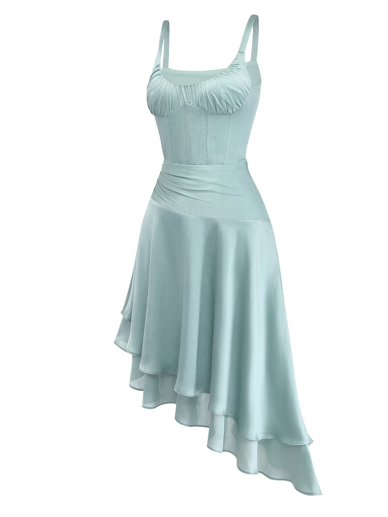 2-teiliges Set – Grün – 1960er-Jahre – Wellenmuster – Fischgrätenmuster – Oberteil – Asymmetrischer Rock – Seitenansicht