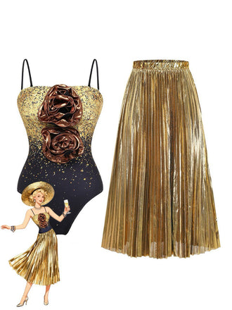 Goldfarbener Paillettenbody mit floralen Details und plissiertem goldenen Rock auf weißem Hintergrund