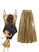 Goldfarbener Paillettenbody mit floralen Details und plissiertem goldenen Rock auf weißem Hintergrund