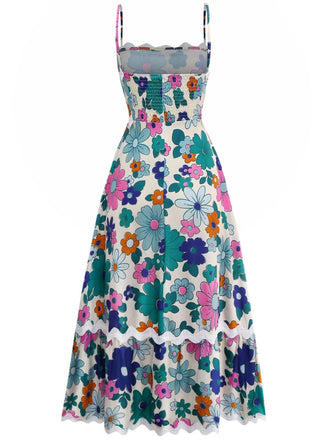 1940er Blumen Rüschen Spaghetti Träger Kleid