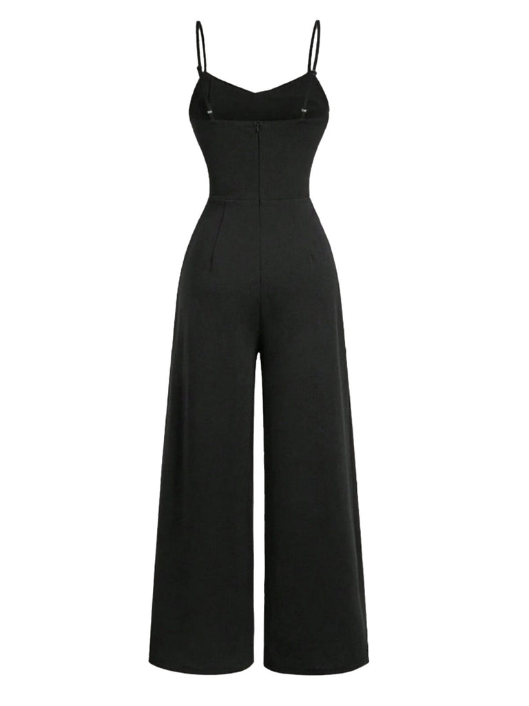 Schwarz 1950er Solide Schalkragen Spitze Patchwork Jumpsuit