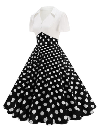 Schwarz 1950er Revers Polka Dots Patchwork Swing Kleid