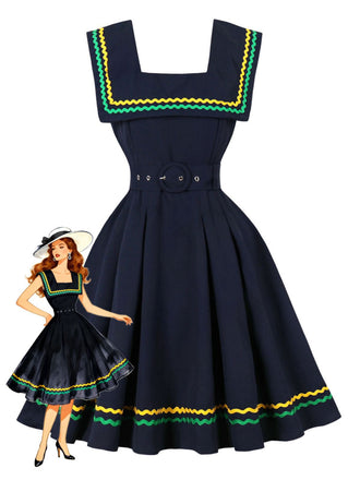 Marineblau 1950er Quadratischer Hals Wellig Streifen Ärmellos Kleid