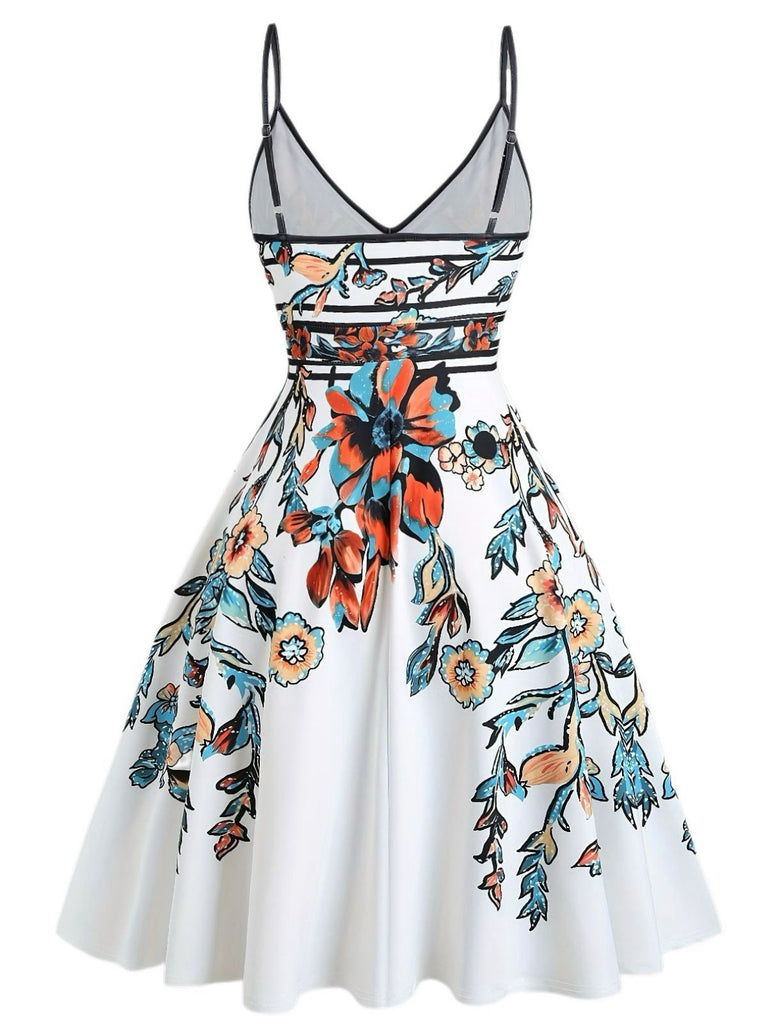 [Übergröße] Multicolor 1950er Blumen Spaghetti Träger Kleid