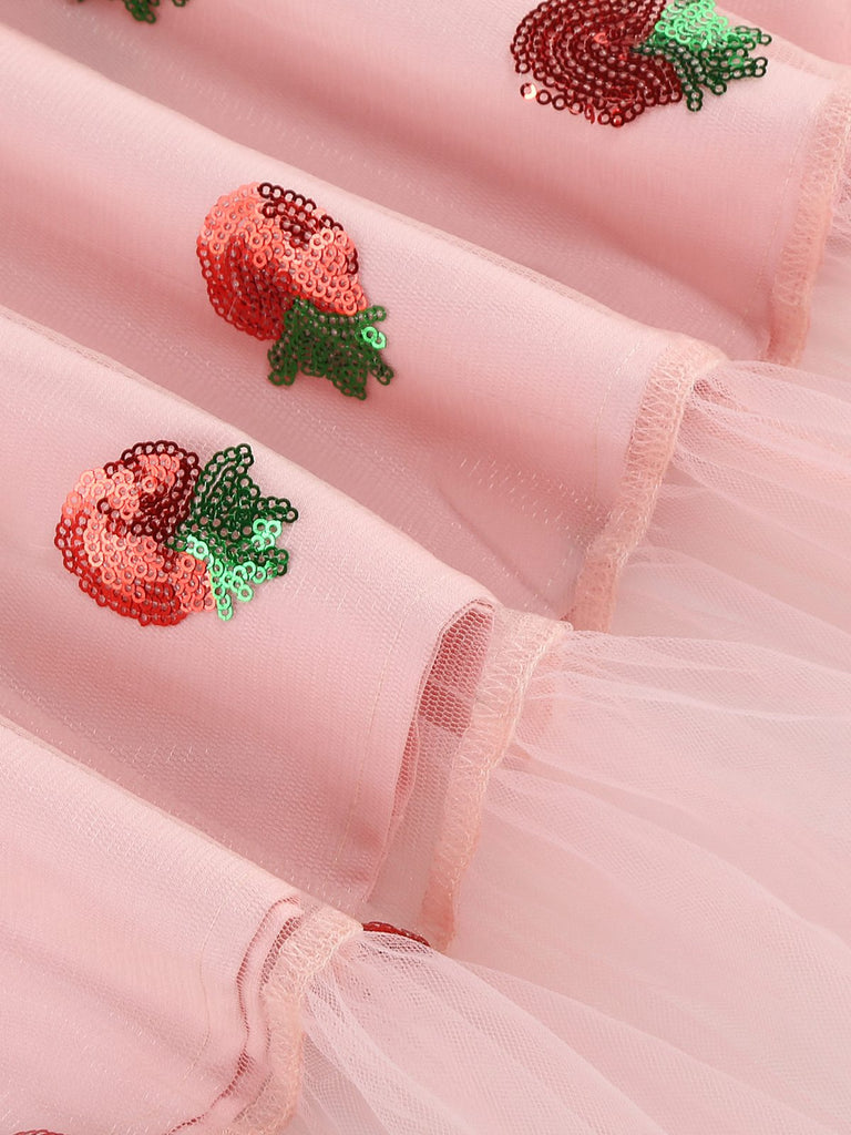 Rosa 1950er V-Ausschnitt Erdbeere Netz Swing Kleid