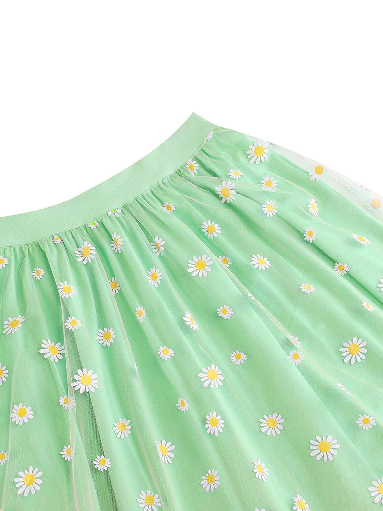 1940er Gänseblümchen Netz Hohe Taille A-Linie Rock