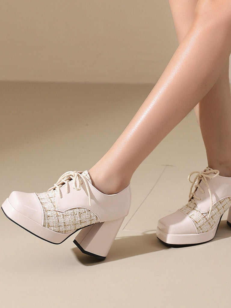 Mary Jane Kariert Quadratisch Zehen Block Absatz Schuhe