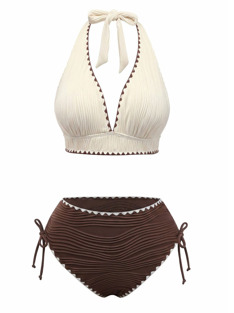 50er Bikini-Set mit Neckholder, hoher Taille und geripp
