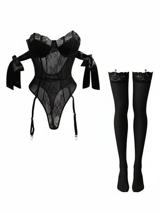 1980er Solide Schleife Bodysuit Pajama Mit Strümpfe