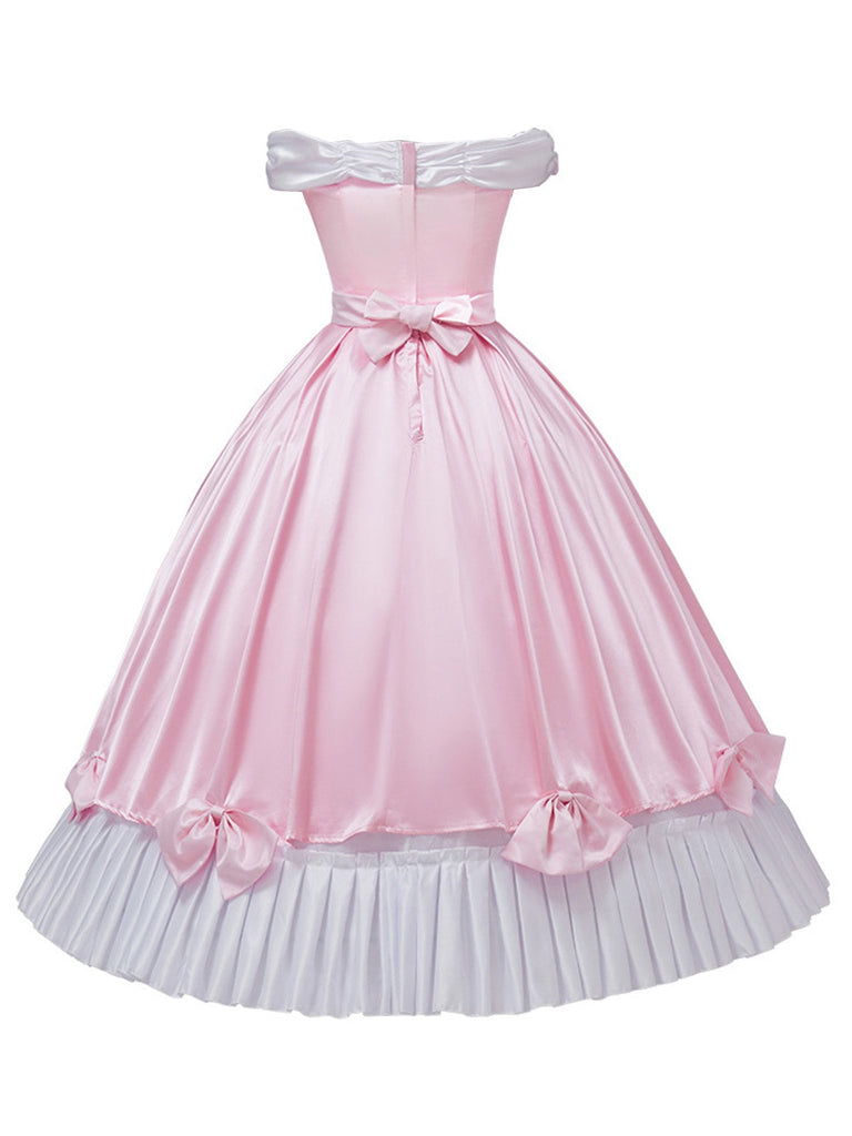 Rosa 1950er Schulterfrei Plissiertes Satin Bogen Prinzessin Kleid