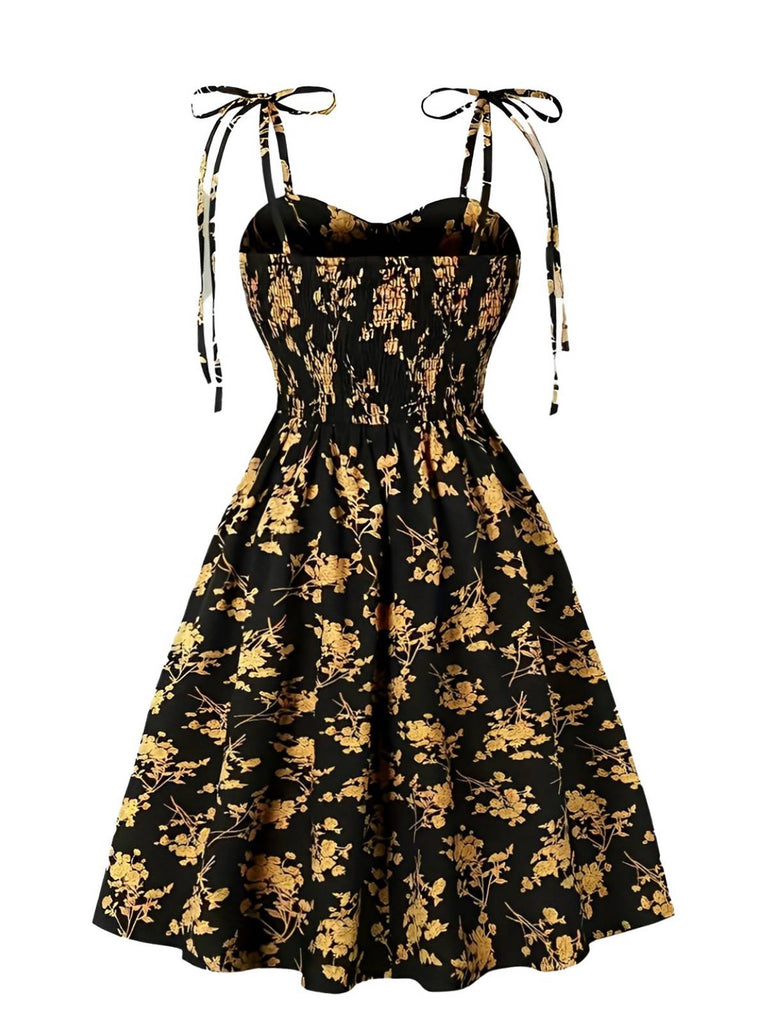 [Übergröße] Orange 1940er Kleine Blumen Spaghetti Träger Schnürung Kleid