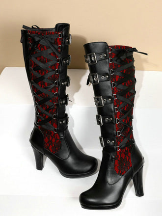 Schwarze Vintage-Punk-Stiefel mit roter Spitze, Schnürung und hohem Absatz