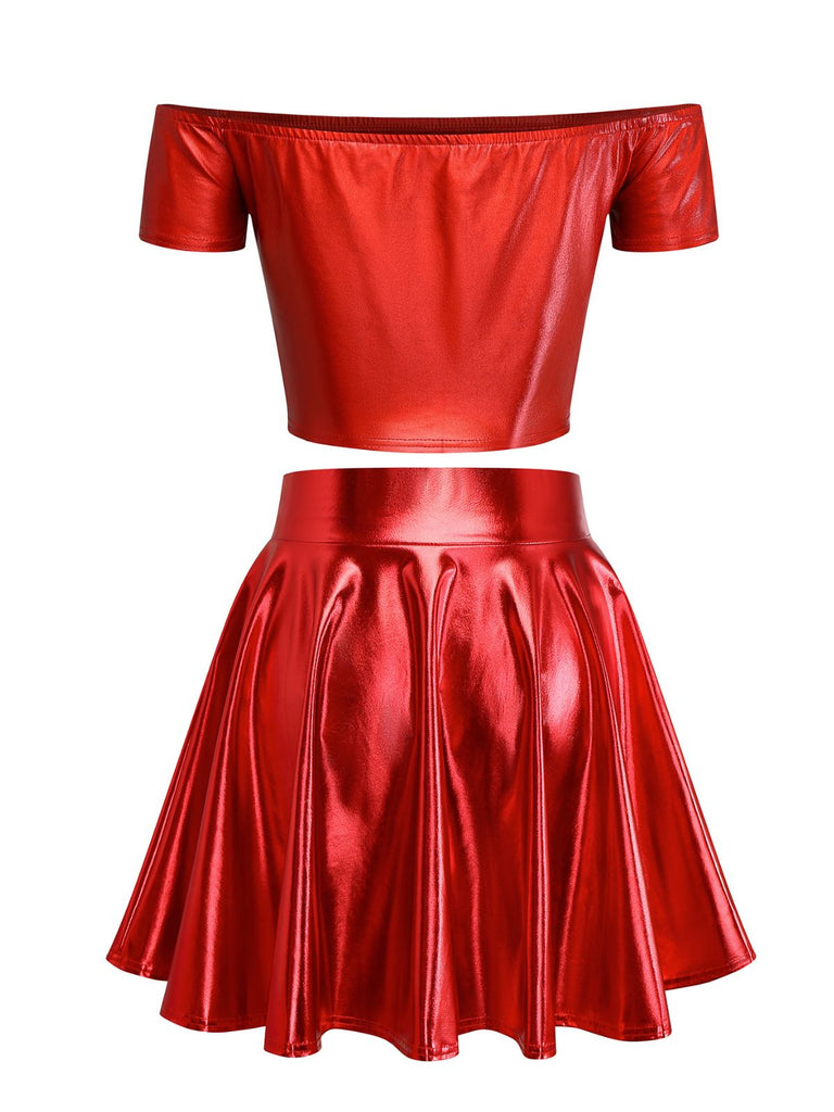 2PCS Metallisch 1970 Disco Schulterfrei Top & Plissiertes Rock