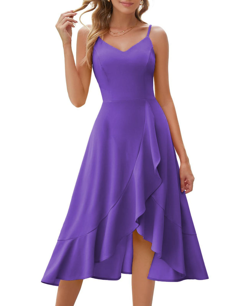 1950er Solide Unregelmäßiger Saum Spaghetti Träger Kleid